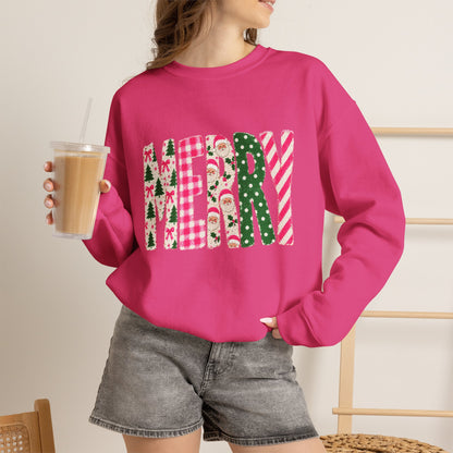 Merry Patchwork Crewneck Sweatshirt — Festive Christmas Plaid & Candy Cane Design