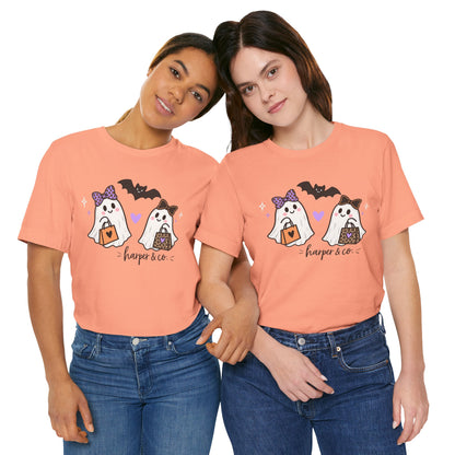 Cute Halloween Ghosts T-Shirt — Trick-or-Treating Ghosts with Bats & 'harper & co.'