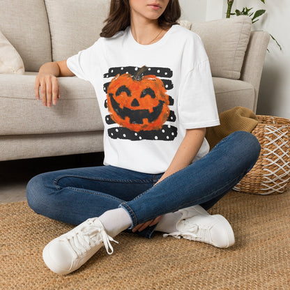 Halloween Pumpkin T‑Shirt — Smiling Jack‑O'Lantern Polka Dot Stripes