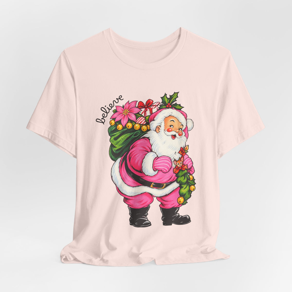 Pink Santa Christmas T-Shirt — Retro Holiday Santa Carrying Poinsettias Tee