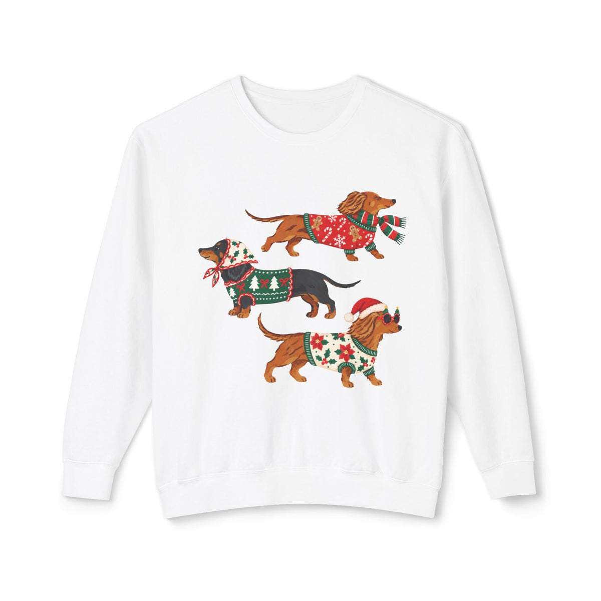 Dachshund Trio Christmas Sweatshirt — Festive Wiener Dogs in Holiday Sweaters