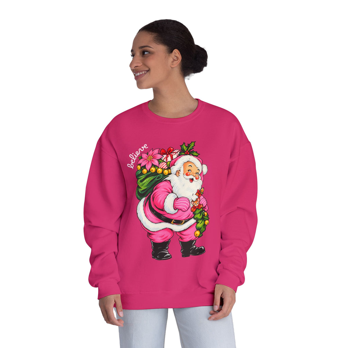 Merry Christmas Pink Santa Believe Crewneck Sweatshirt