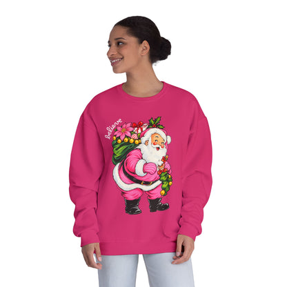 Merry Christmas Pink Santa Believe Crewneck Sweatshirt