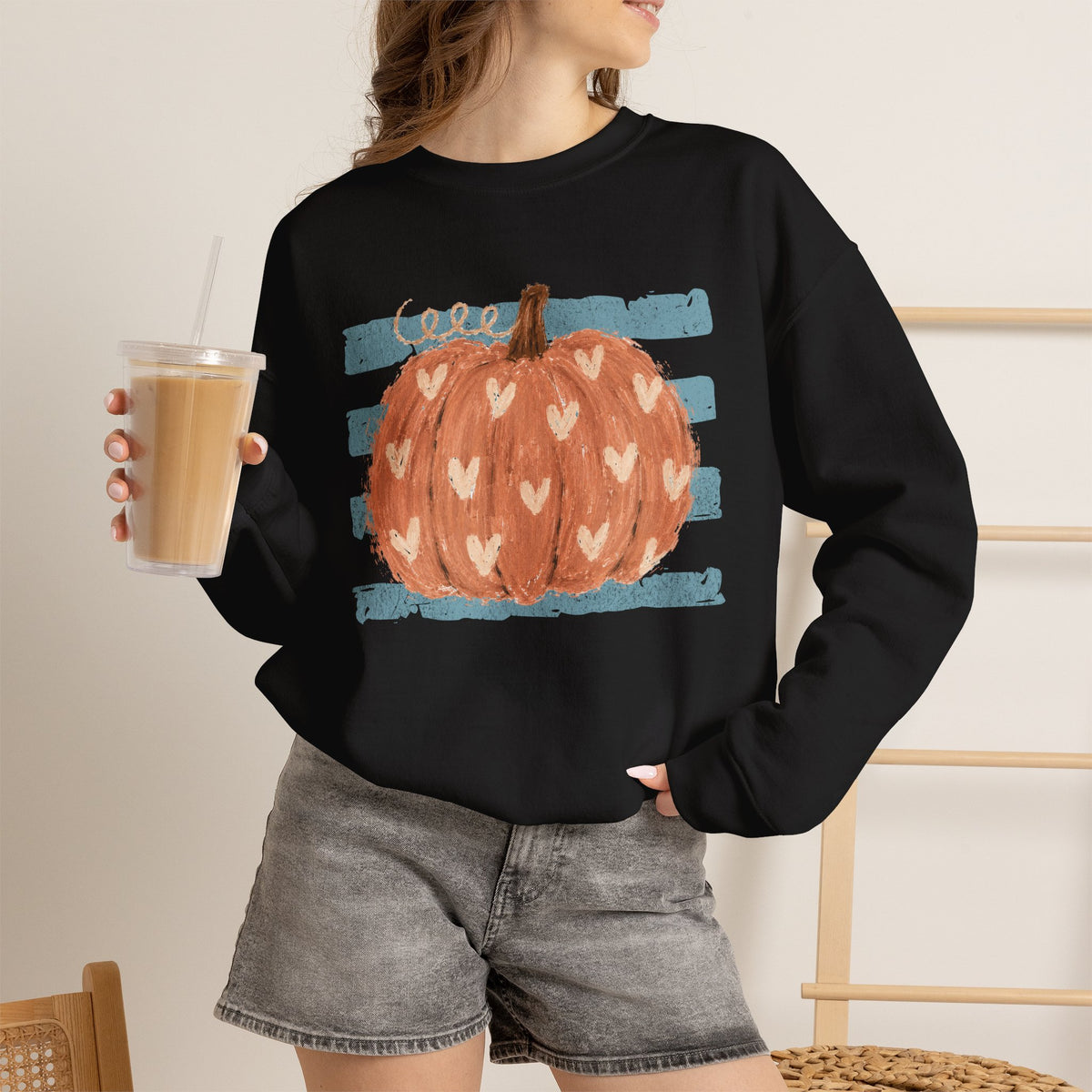 Pumpkin Blue Stripes with Hearts Crewneck Sweatshirt