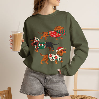 Dachshund Trio Christmas Sweatshirt – Festive Wiener Dogs in Holiday Sweaters