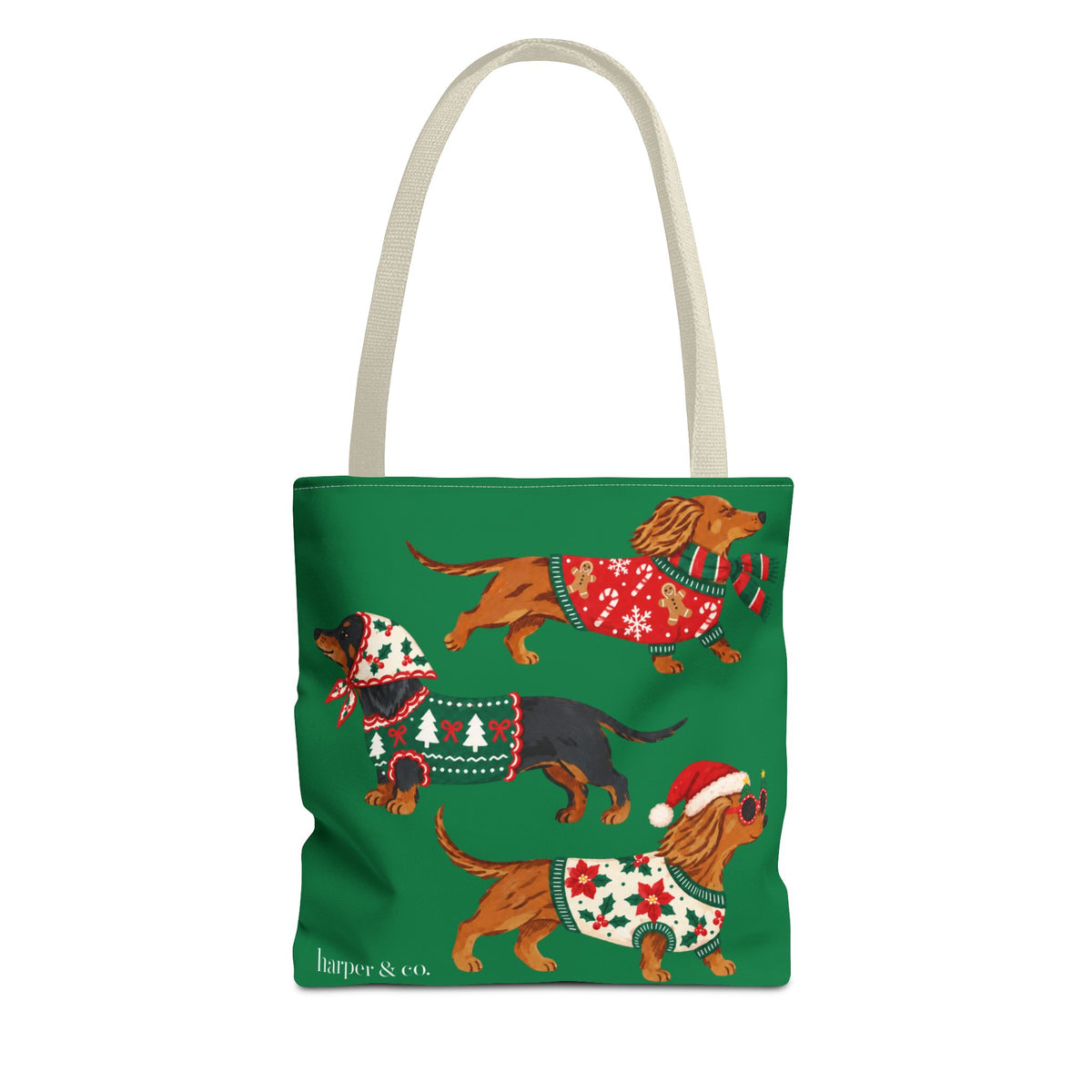 Holiday Dachshund Tote Bag — Christmas Dogs in Festive Sweaters AOP
