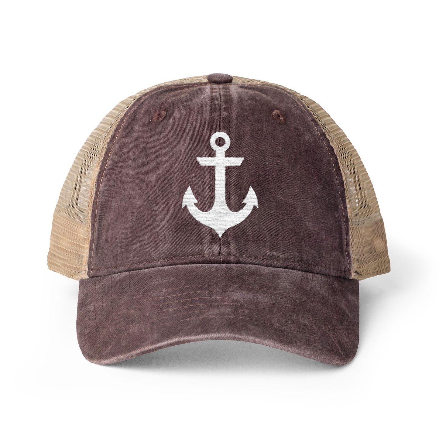 White Anchor Embroidered Women's Washed Mesh-Back Ball Cap
