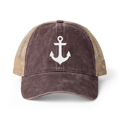 White Anchor Embroidered Women's Washed Mesh-Back Ball Cap