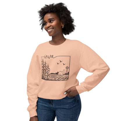 Iowa Farm Scene Crewneck Sweatshirt — Minimal Midwest Landscape