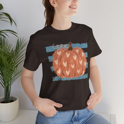 Pumpkin Heart Tee — Rustic Striped Autumn Pumpkin T‑Shirt