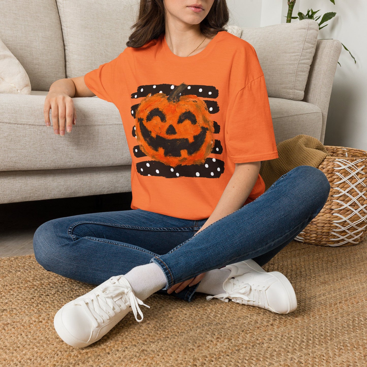 Halloween Pumpkin T‑Shirt — Smiling Jack‑O'Lantern Polka Dot Stripes