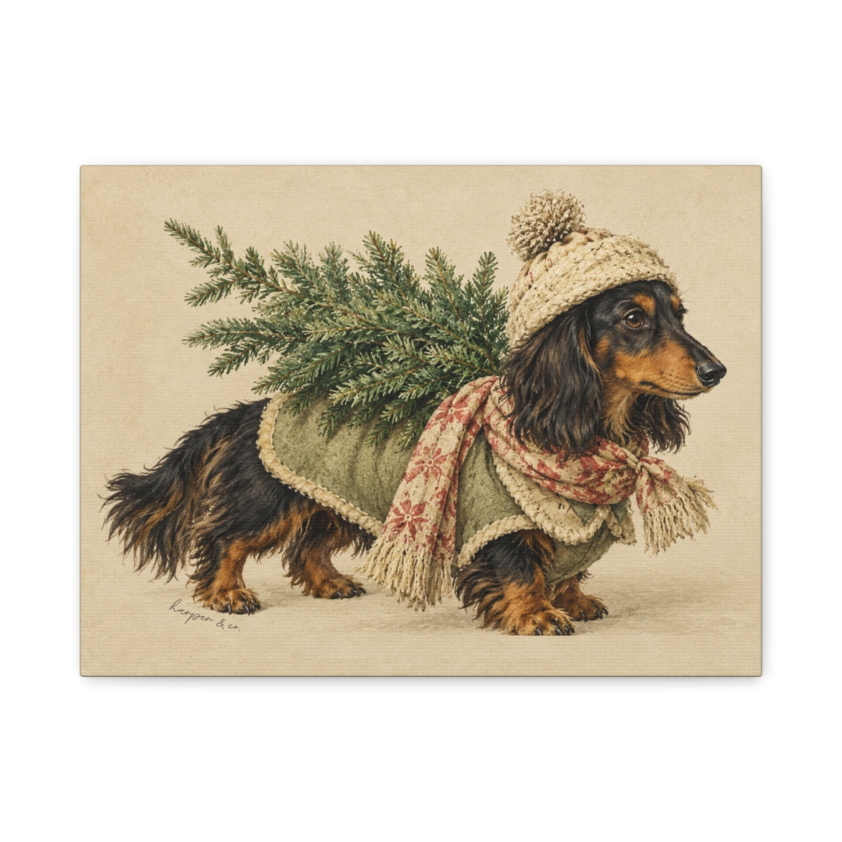 Christmas Dachshund Carrying Tree Canvas Wall Art
