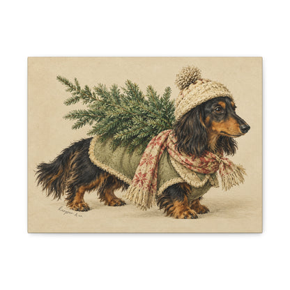 Christmas Dachshund Carrying Tree Canvas Wall Art