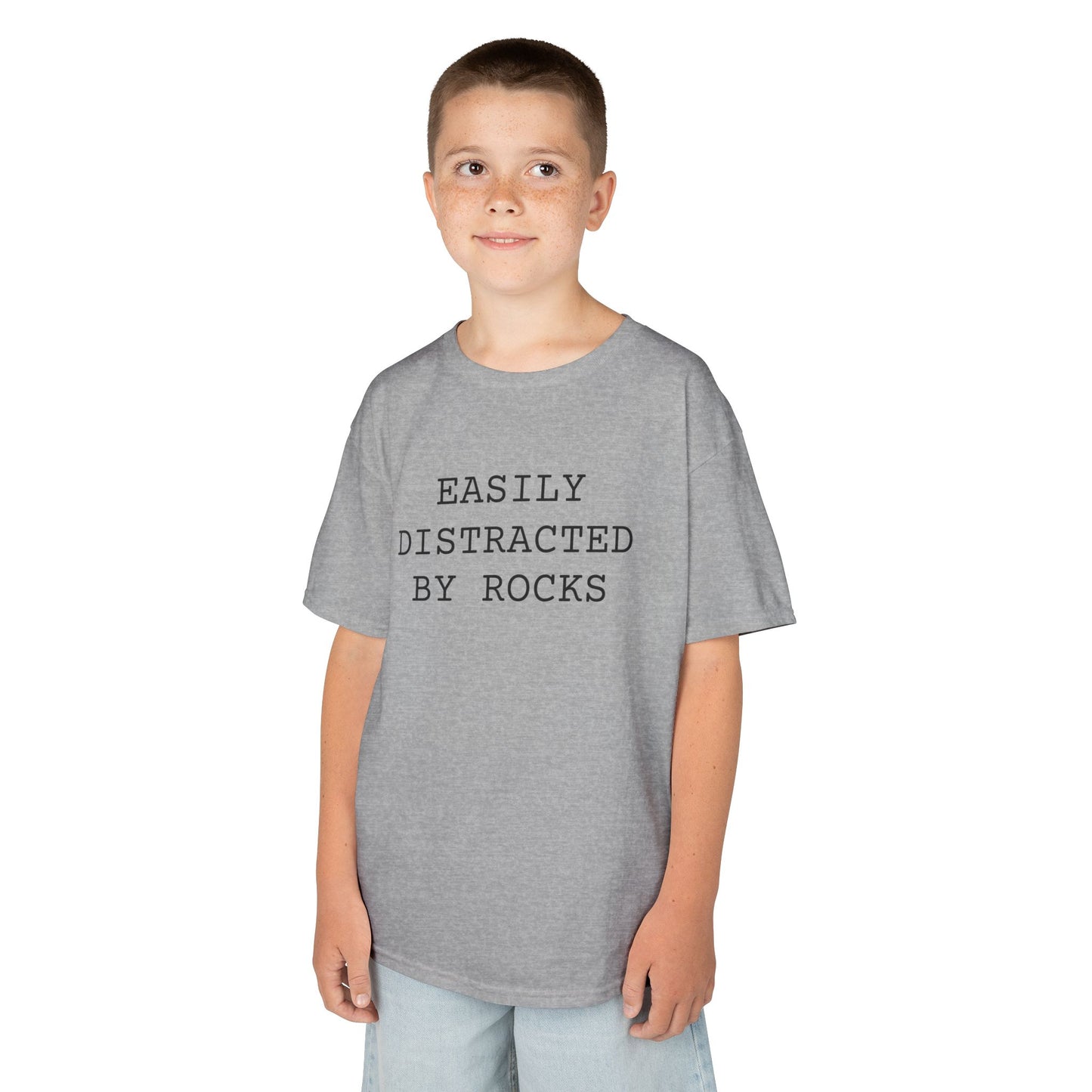 Kids Tee — “Easily Distracted by Rocks.” Funny Nature-Lover Graphic Shirt