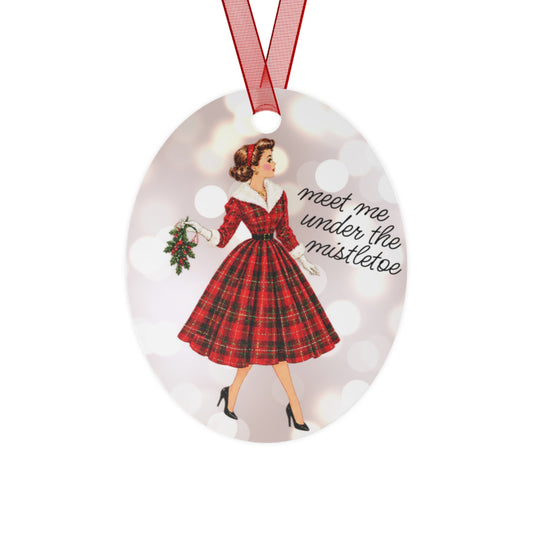 Meet Me Under the Mistletoe Metal Ornament – Holiday Fashionista in Plaid Dress