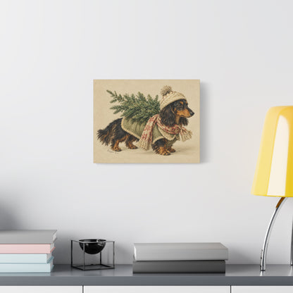 Christmas Dachshund Carrying Tree Canvas Wall Art