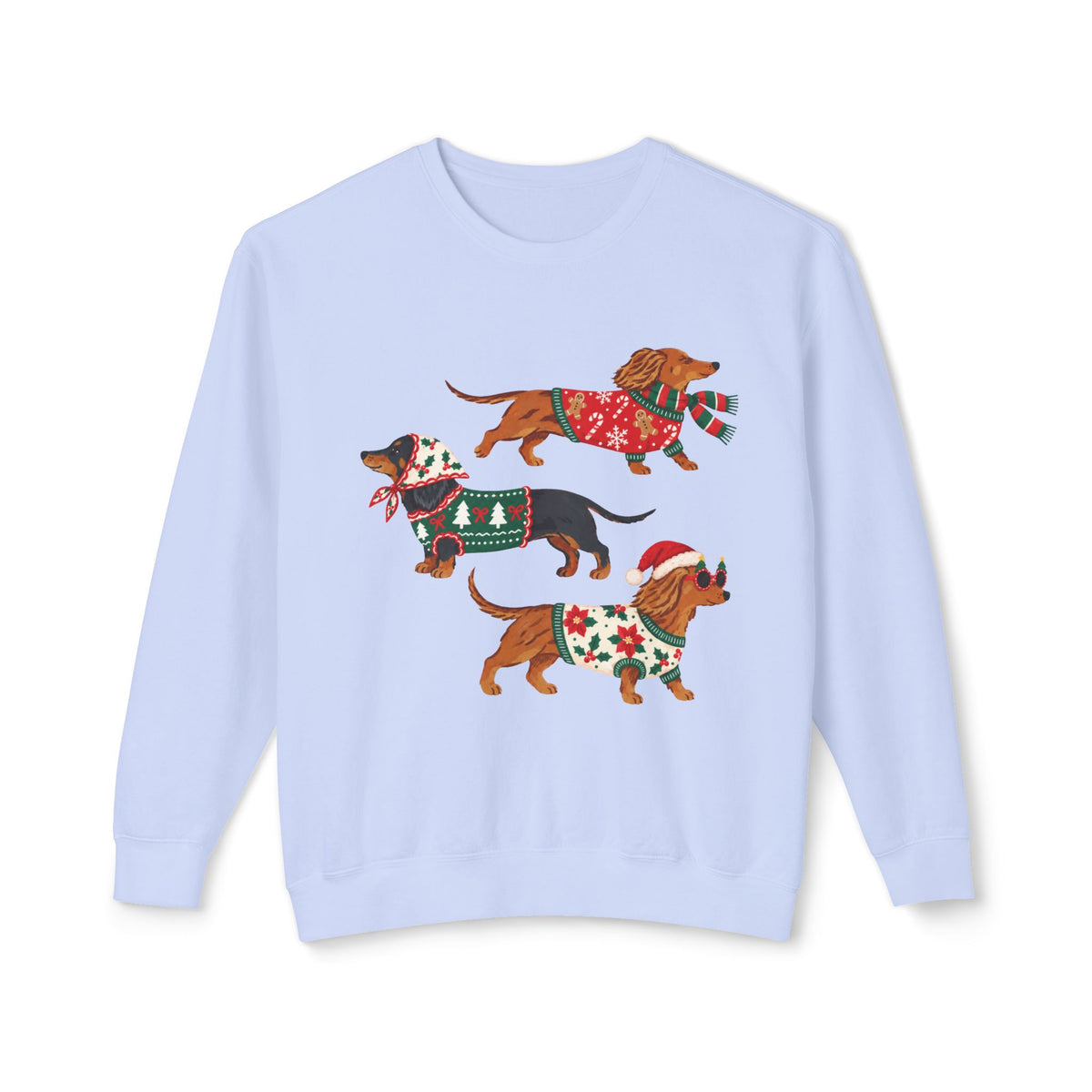 Dachshund Trio Christmas Sweatshirt — Festive Wiener Dogs in Holiday Sweaters