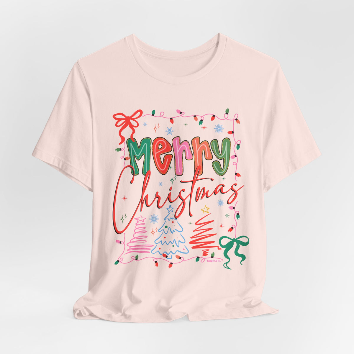 Merry Christmas Graphic Tee – Festive Holiday Holiday Lights & Trees Shirt