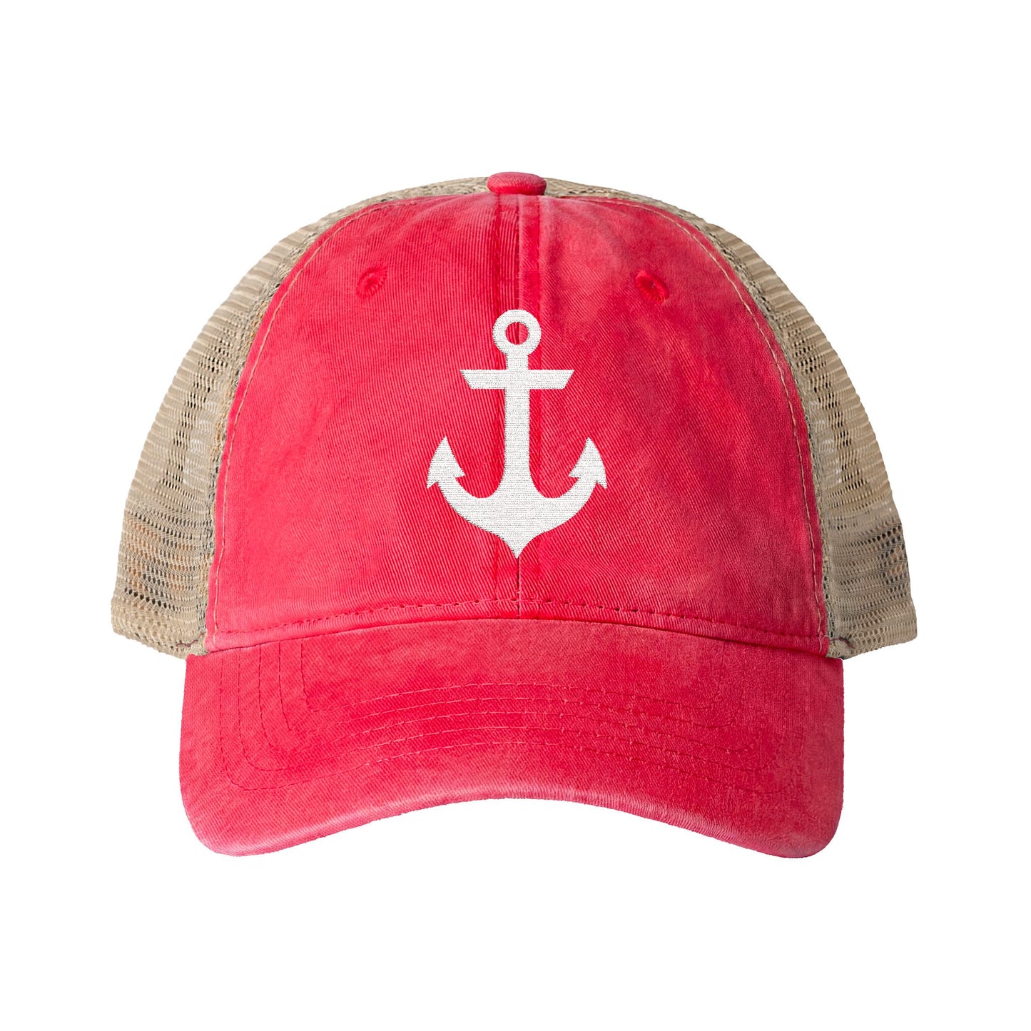 White Anchor Embroidered Women's Washed Mesh-Back Ball Cap
