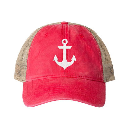 White Anchor Embroidered Women's Washed Mesh-Back Ball Cap