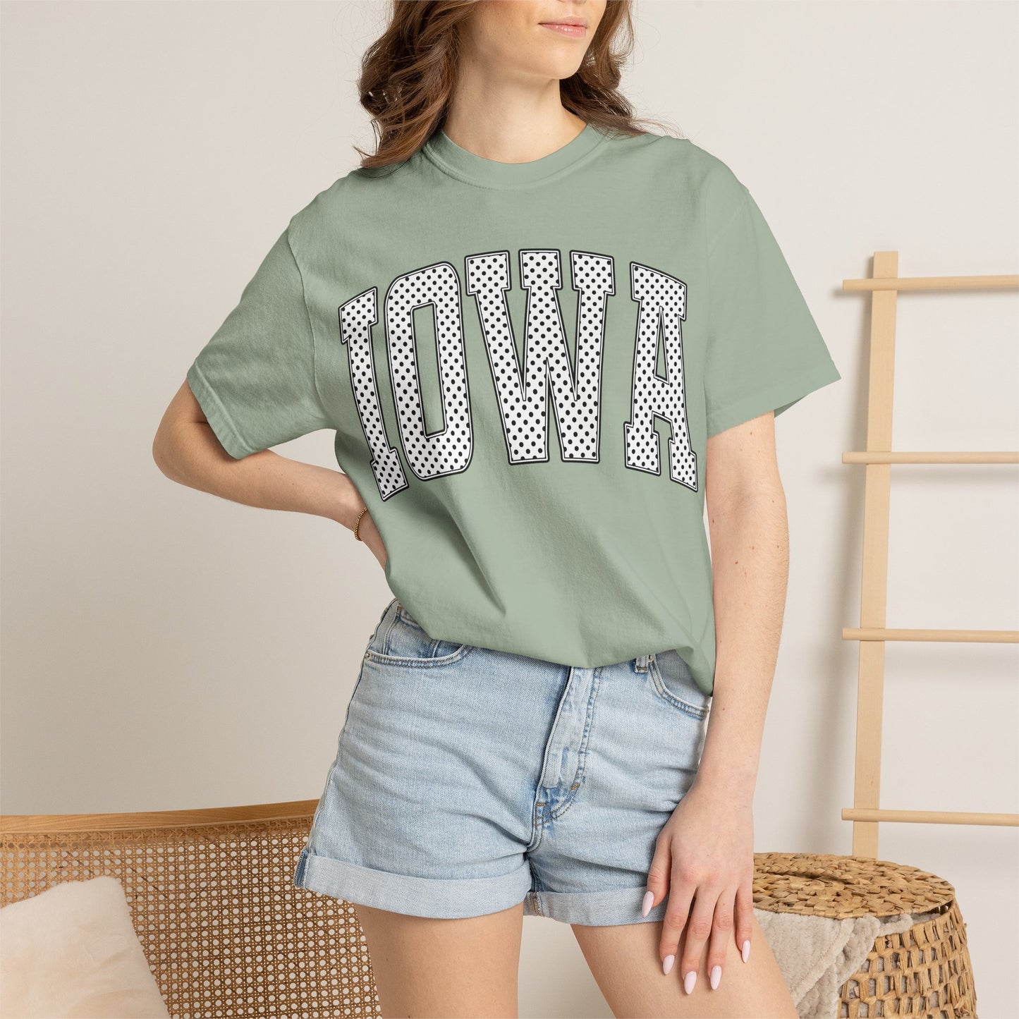 Iowa Retro Polka Dot Mesh Lettering Color Comfort T-Shirt