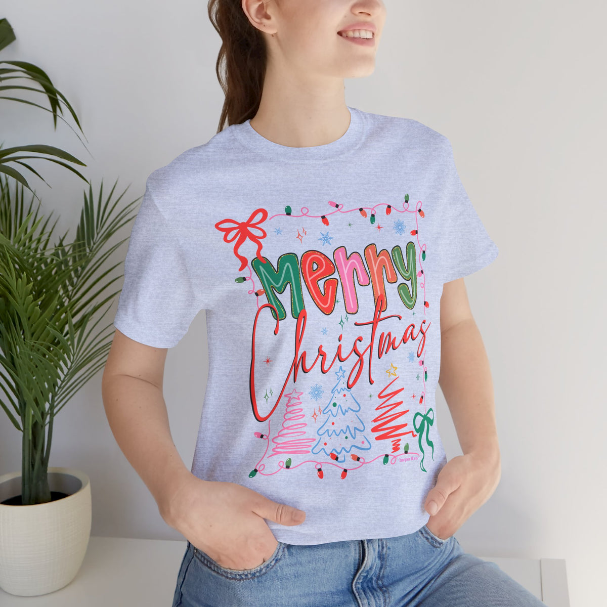 Merry Christmas Graphic Tee – Festive Holiday Holiday Lights & Trees Shirt