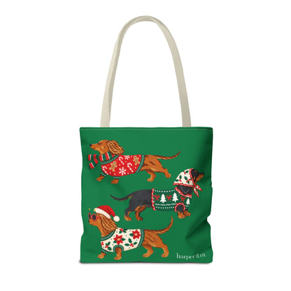 Holiday Dachshund Tote Bag — Christmas Dogs in Festive Sweaters AOP