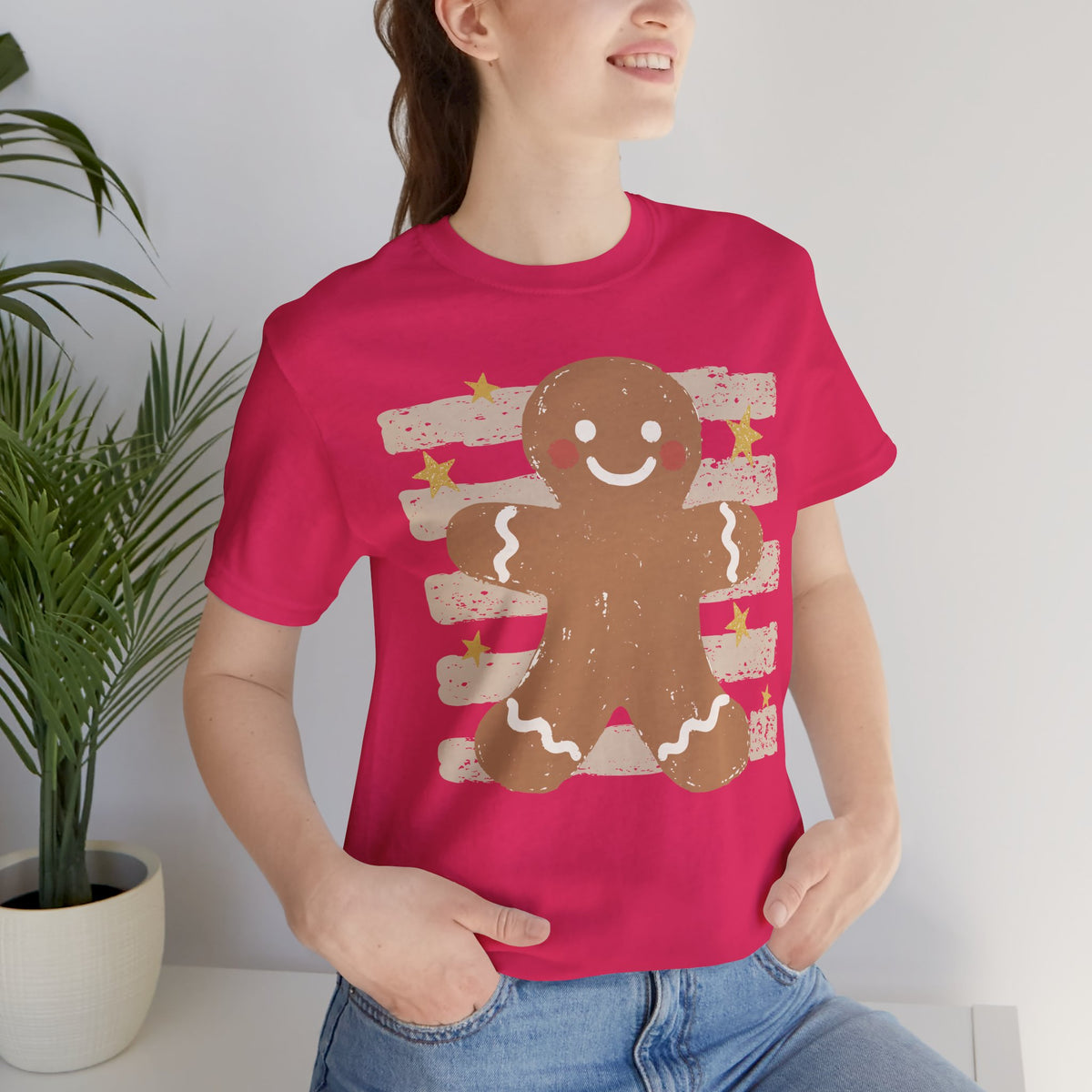 Gingerbread Smile T-Shirt — Retro Striped Christmas Cookie Tee