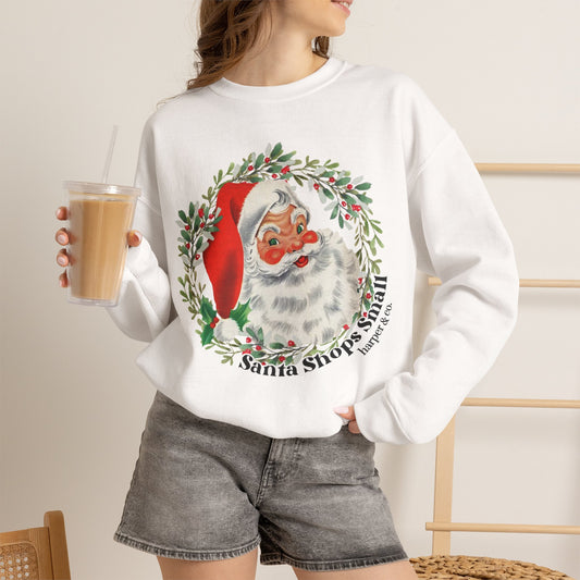 Santa Shops Here Sweatshirt — Vintage Santa Wreath Christmas Heavy Weight Crewneck