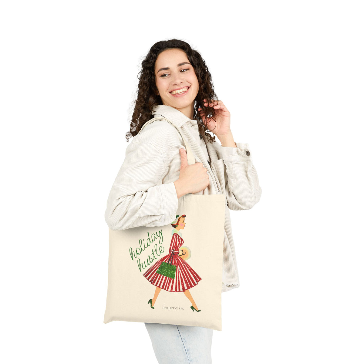Holiday Hustle Tote Bag — Vintage Woman Carrying Gifts Canvas Tote