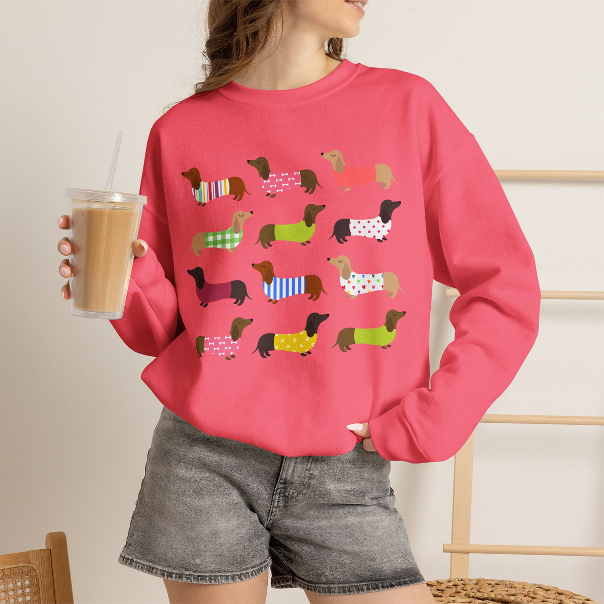 Colorful Dachshund Crewneck Sweatshirt — Vibrant Wiener Dog Design