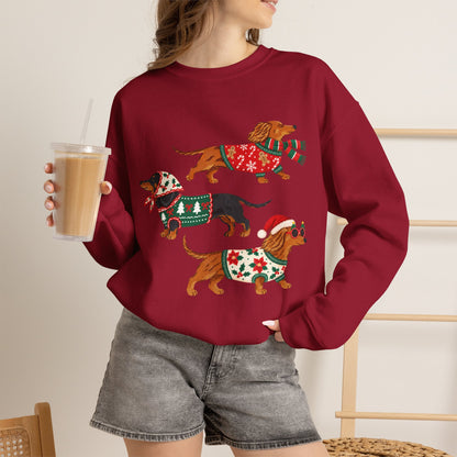 Dachshund Trio Christmas Sweatshirt – Festive Wiener Dogs in Holiday Sweaters