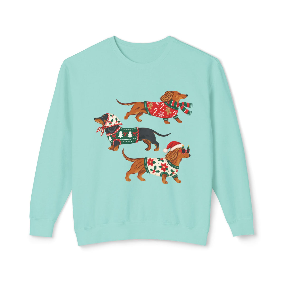Dachshund Trio Christmas Sweatshirt — Festive Wiener Dogs in Holiday Sweaters