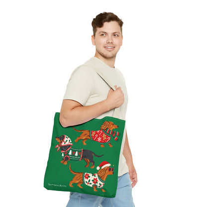 Holiday Dachshund Tote Bag — Christmas Dogs in Festive Sweaters AOP