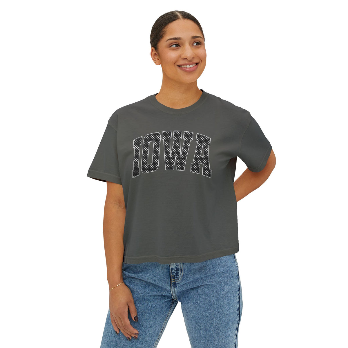 Iowa Boxy Tee — White Dots Women's Cropped College Graphic T-Shirt