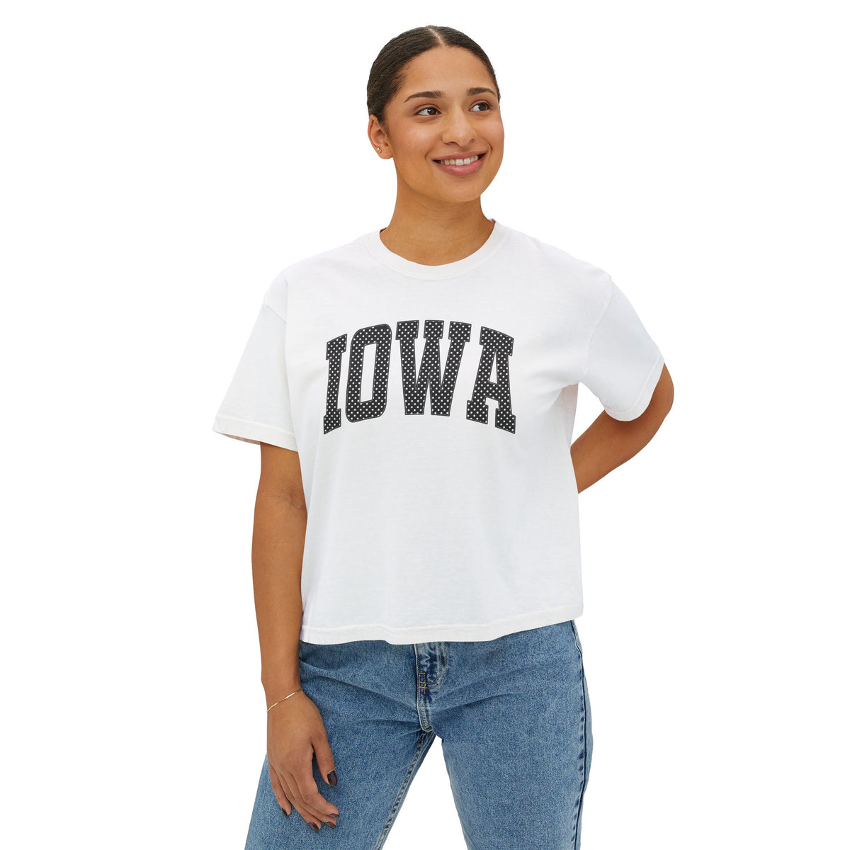 Iowa Boxy Tee — White Dots Women's Cropped College Graphic T-Shirt