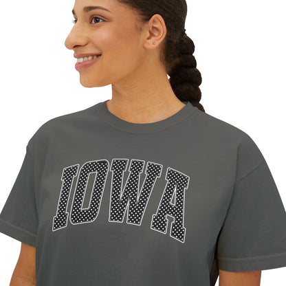 Iowa Boxy Tee — White Dots Women's Cropped College Graphic T-Shirt