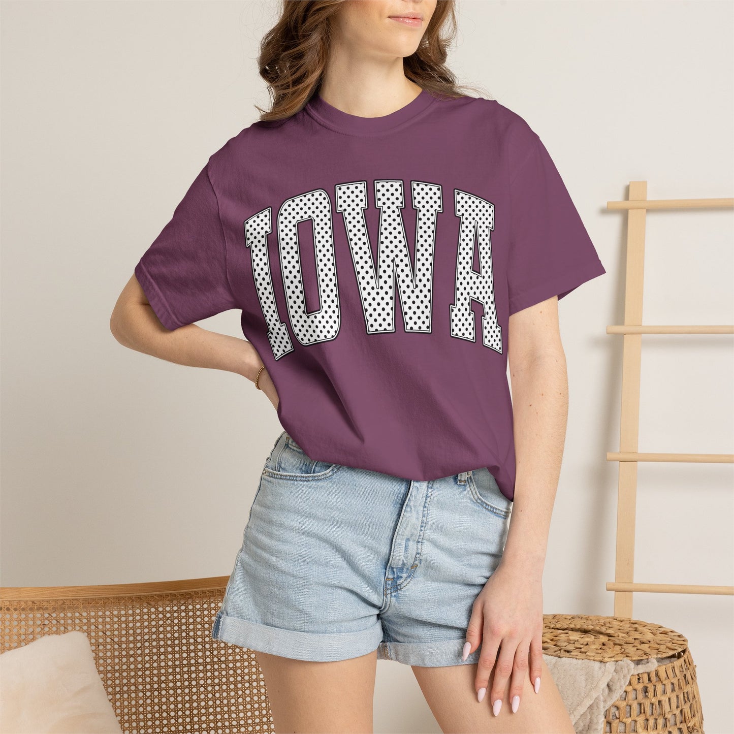 Iowa Retro Polka Dot Mesh Lettering Color Comfort T-Shirt