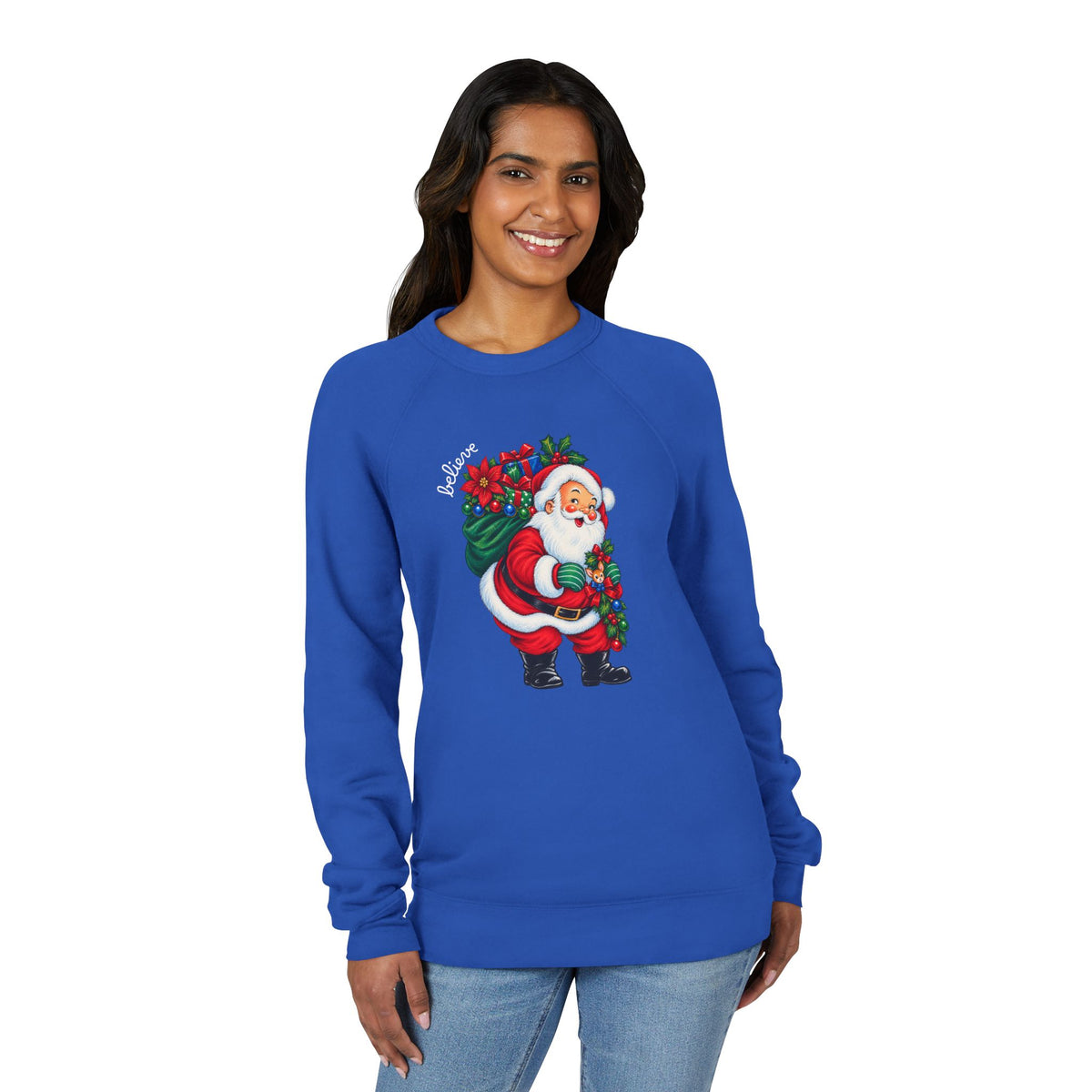 Santa Claus Christmas Sweatshirt - Vintage Santa with Holly Wreath