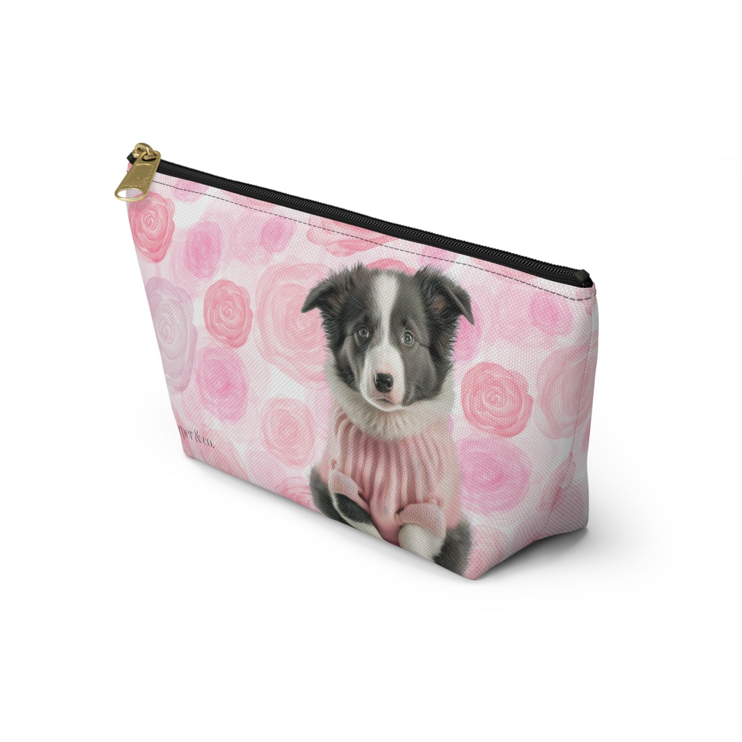 Border Collie & Pink Roses Accessory Pouch w T-bottom