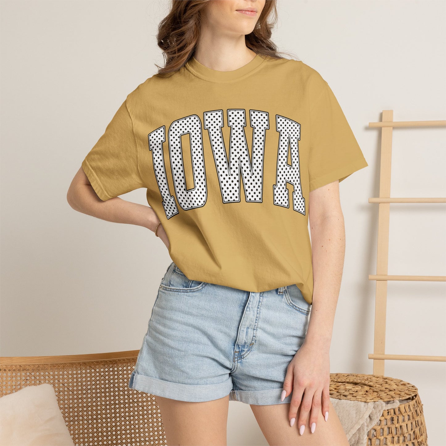 Iowa Retro Polka Dot Mesh Lettering Color Comfort T-Shirt