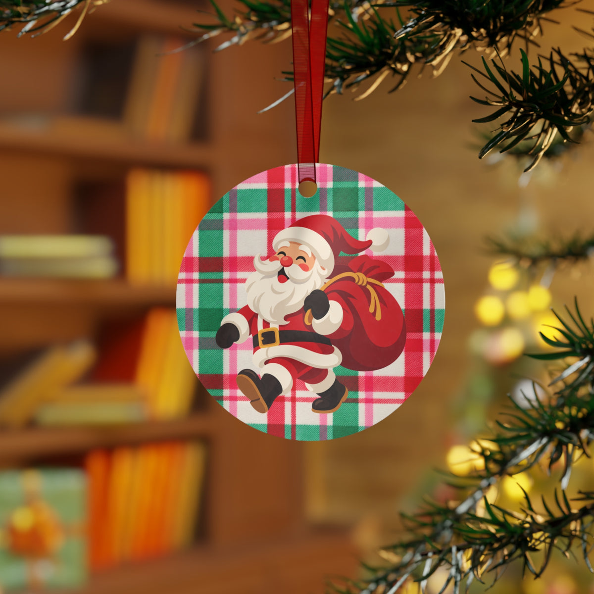 Jingle Bells Plaid Christmas Metal Ornament