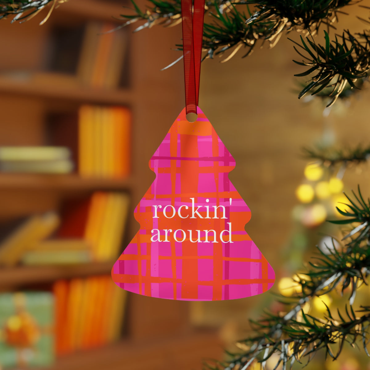 Jingle Bells Pink Plaid Metal Ornament