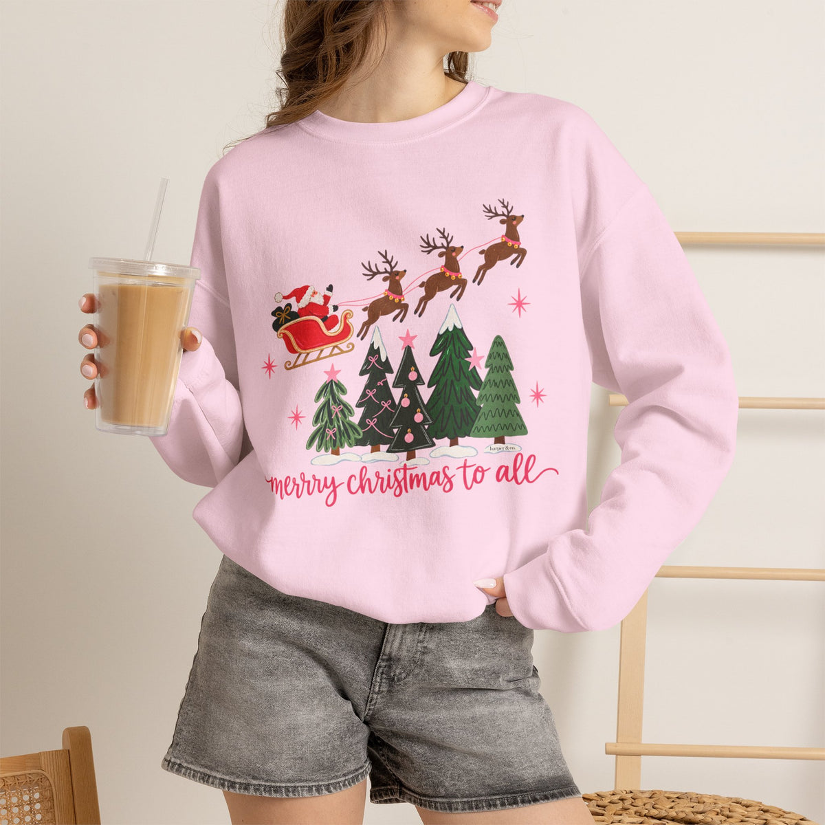 Christmas Crewneck Sweatshirt — "Merry Christmas to All" Santa & Reindeer Holiday Sweatshirt