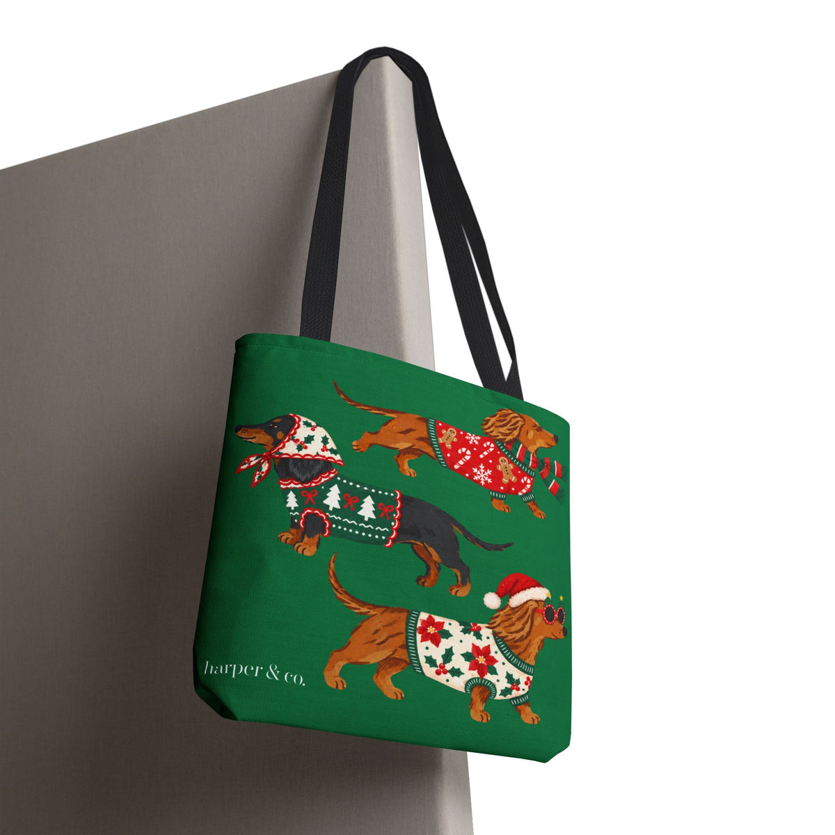 Holiday Dachshund Tote Bag — Christmas Dogs in Festive Sweaters AOP