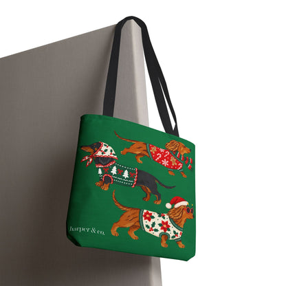 Holiday Dachshund Tote Bag — Christmas Dogs in Festive Sweaters AOP