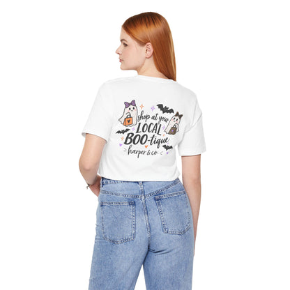 Halloween Ghost Tee — "Shop at Your Local BOO-tique" Graphic T-Shirt