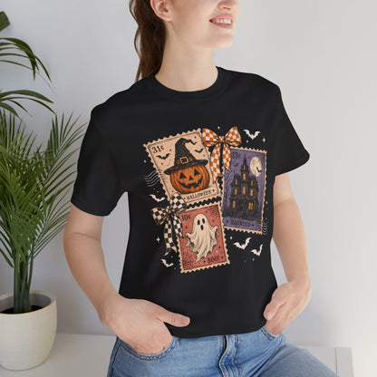 Halloween Stamp Tee — Haunted House, Pumpkin & Ghost Vintage Postage T-Shirt