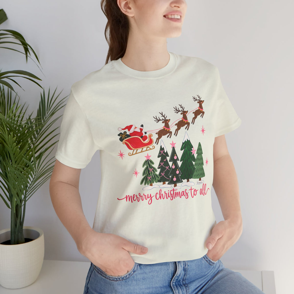 Christmas Tee - 'Merry Christmas to All' Santa Sleigh & Reindeer Holiday T-Shirt