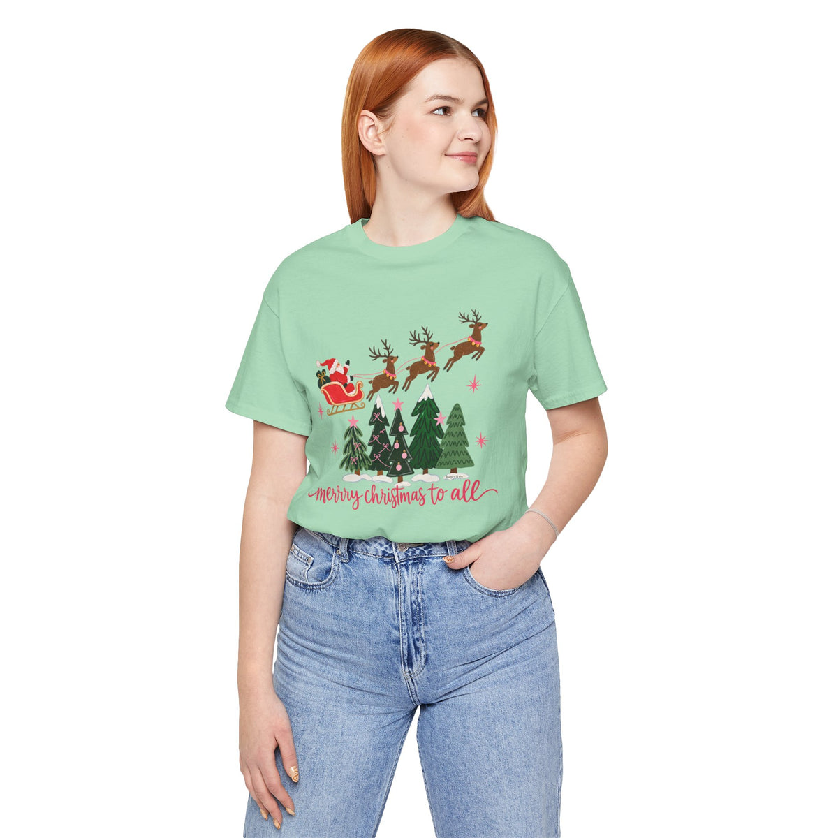 Christmas Tee - 'Merry Christmas to All' Santa Sleigh & Reindeer Holiday T-Shirt